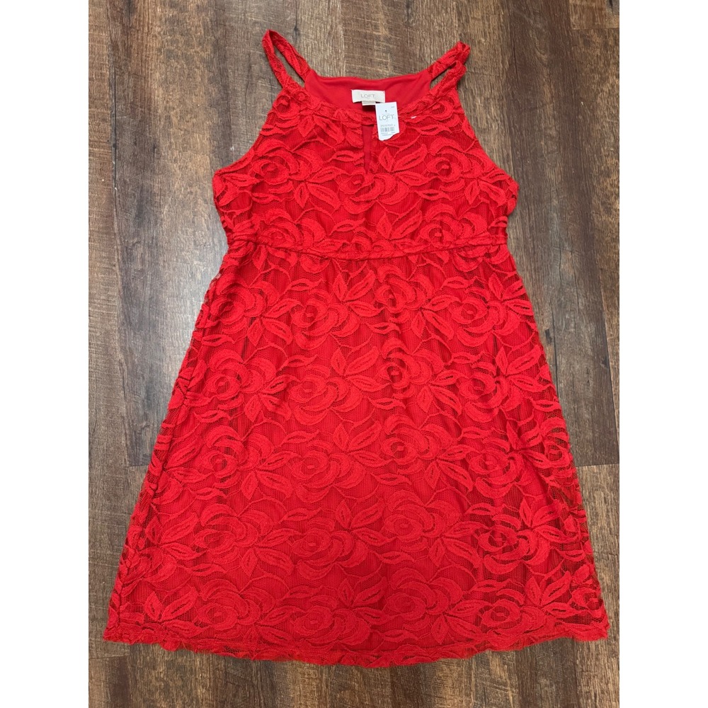 NWT LOFT Red Floral Lace Fit & Flare Dress S Rose Keyhole Cocktail Party